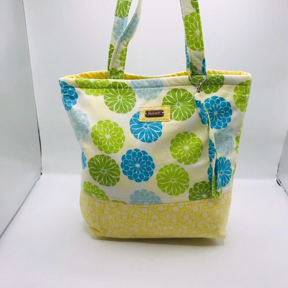 Basic Lizbet Library Market Tote Bag Green Yellow Florals 12x13x3" With Pockets - Picture 7 of 8